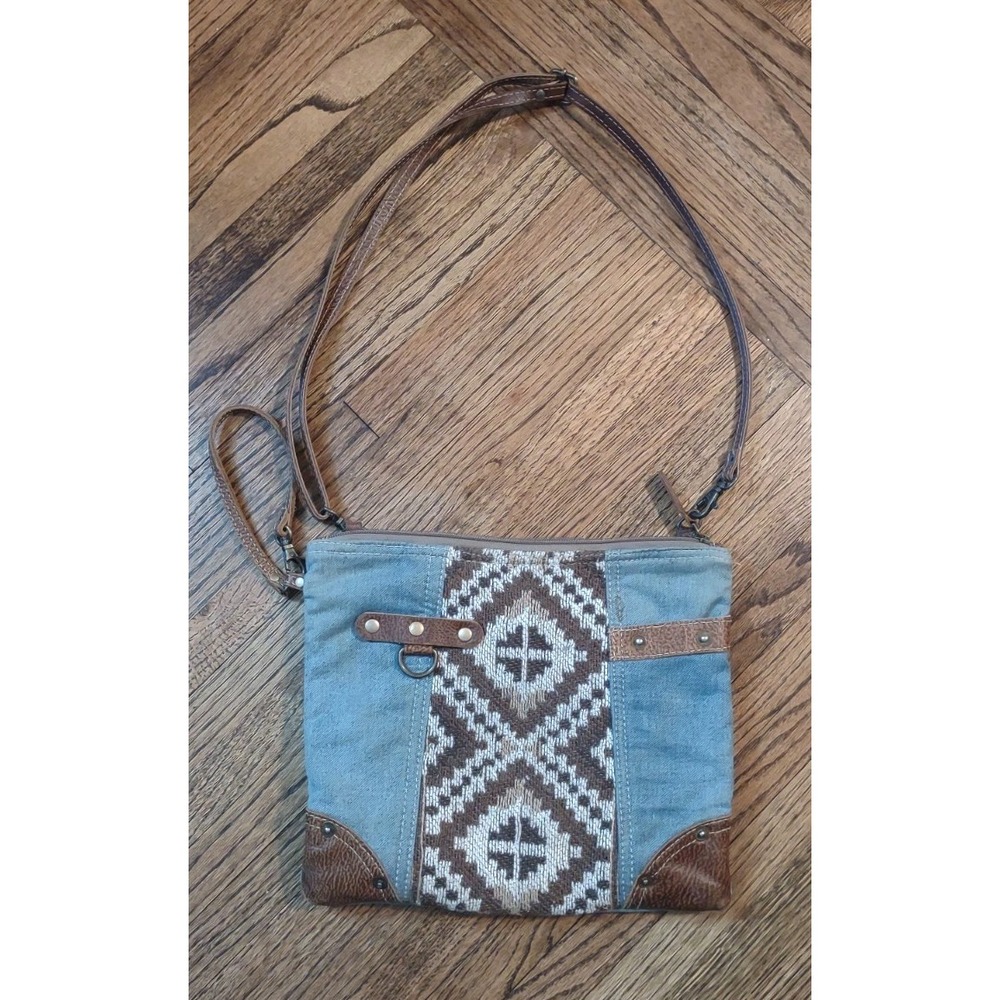 Myra Bag Canvas Denim Southwestern Aztec Crossbody Wristlet‎ Purse Leather Trim